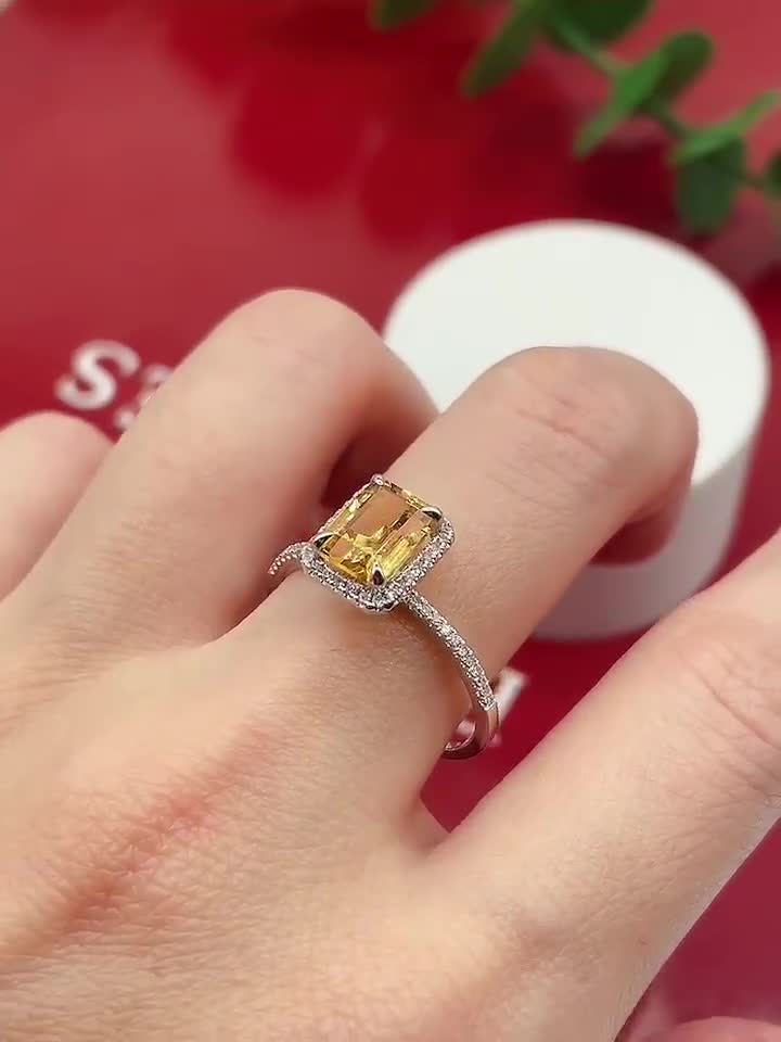1.5 carat Natural Citrine Engagement Ring 14k Rose Gold Emerald Cut Diamond  Matching Band Wedding Ring Citrine Crystal Yellow Gemstone Ring