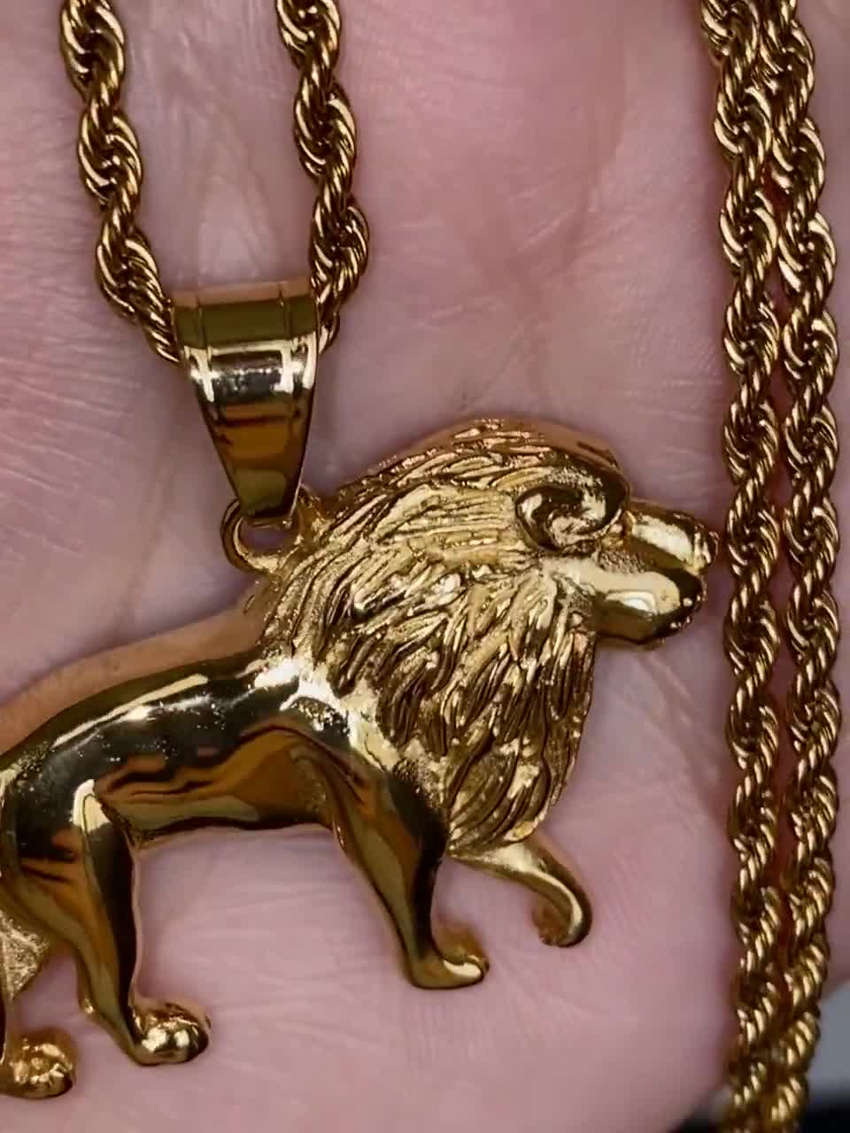 Herren Damen Löwenkopf 14K Gold Finish Anhänger Seilkette Italien Halskette 
