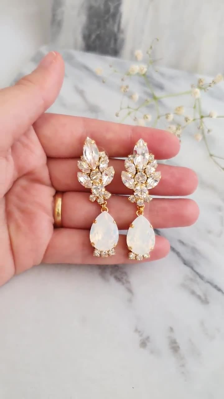Czech glass flower earrings milky opal white dangle lever backs bronze Bridal