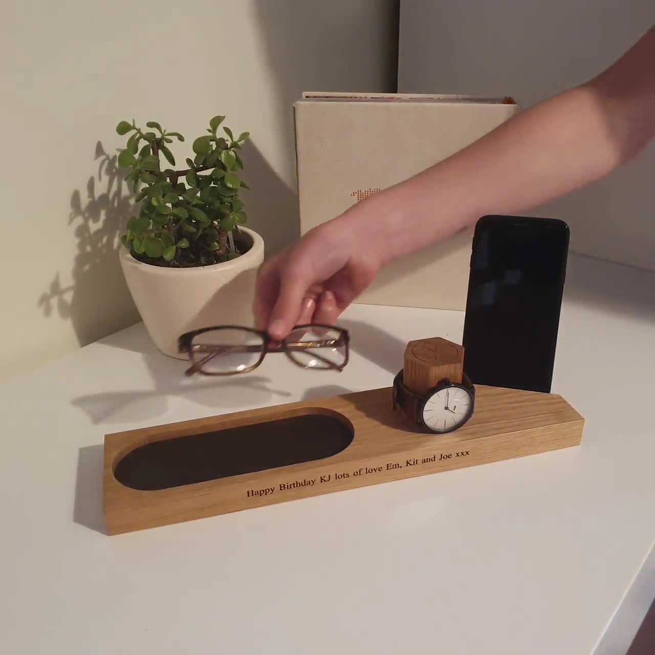 Personalised Bedside Watch and Phone Stand With Glasses - Etsy Australia