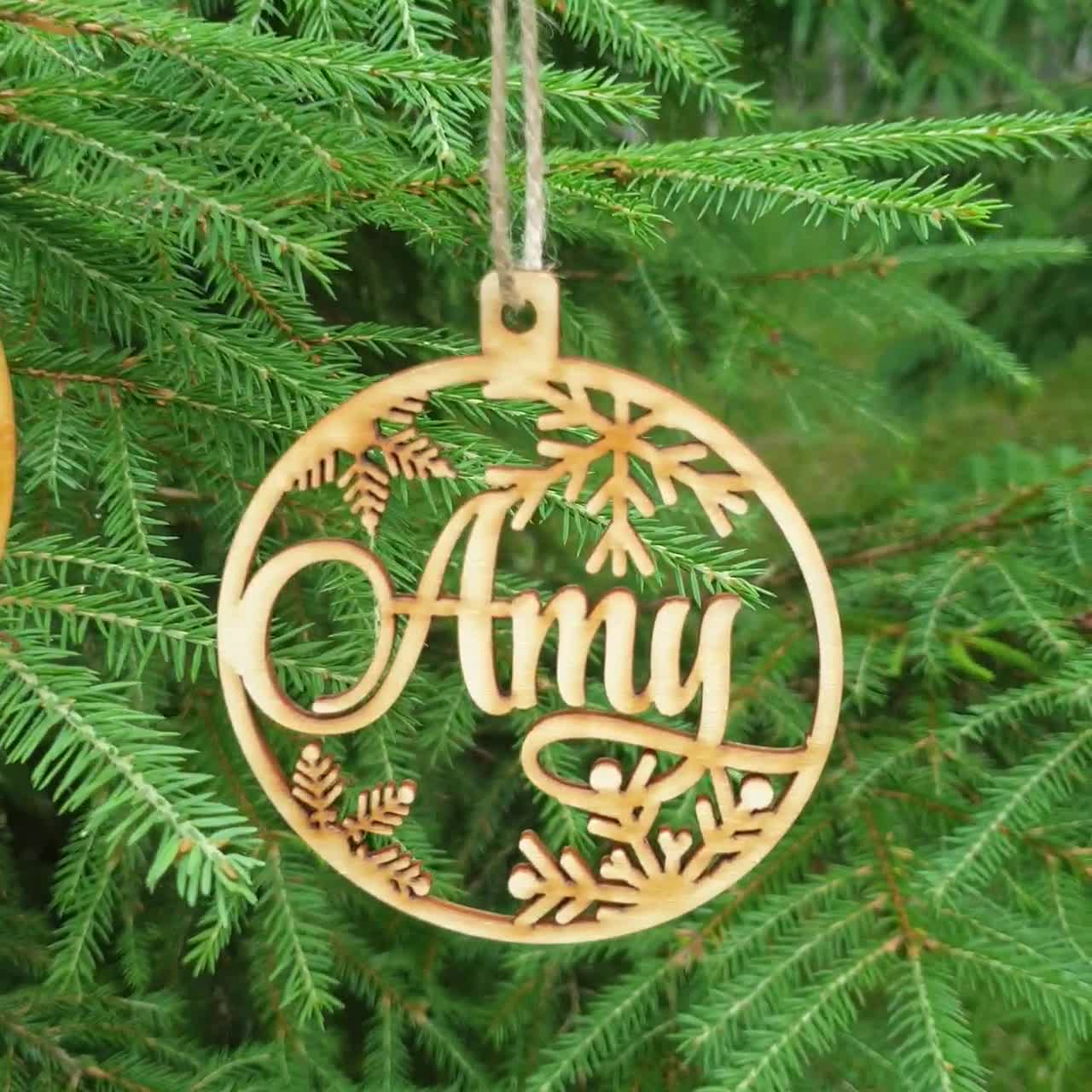 4 x Personalised Christmas Tree MDF Bauble Decoration Names Wooden Shapes 