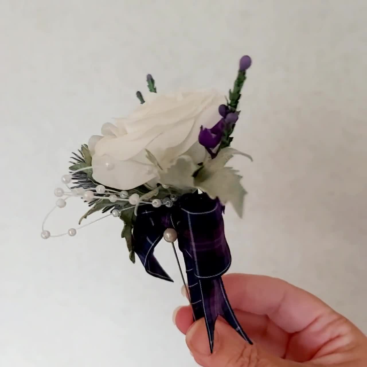 Ladies  Scottish Wedding Buttonhole Lavender Burgundy  Rose Thistle