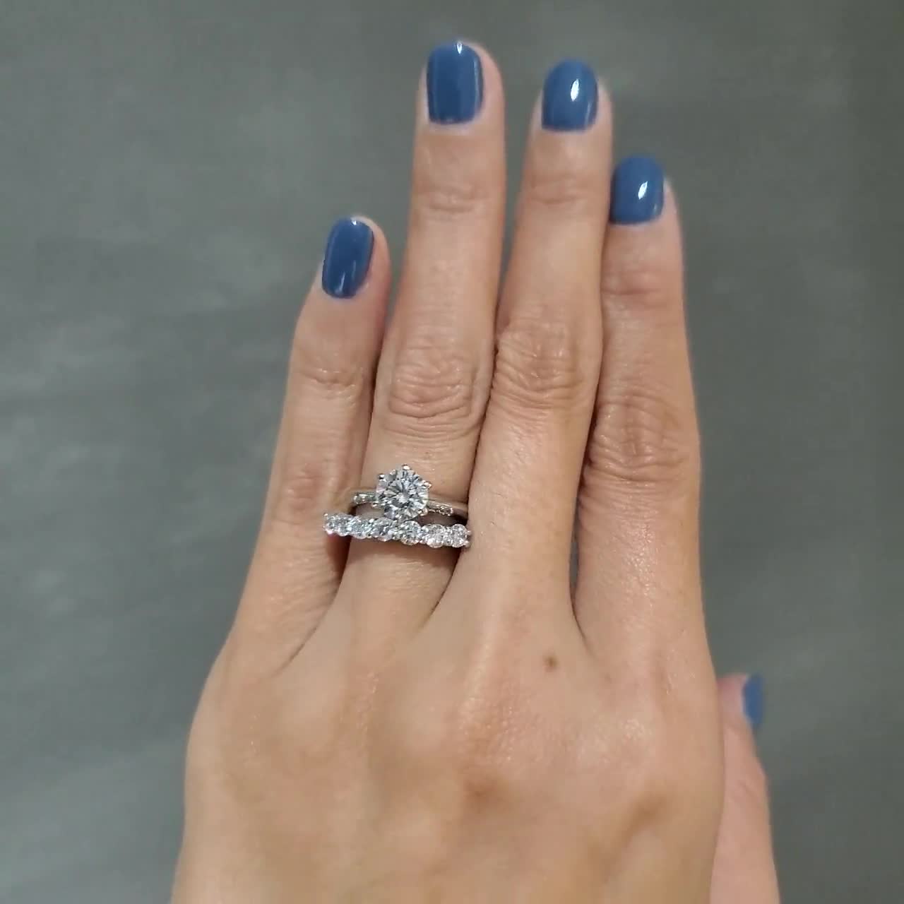 1.7 ctw Bridal Sets / Wedding Ring Set : 1 Carat Round 6 prong Solitaire Engagement ring + 7 Stone (0.1 ct each, total 0.7 ct) Wedding Band