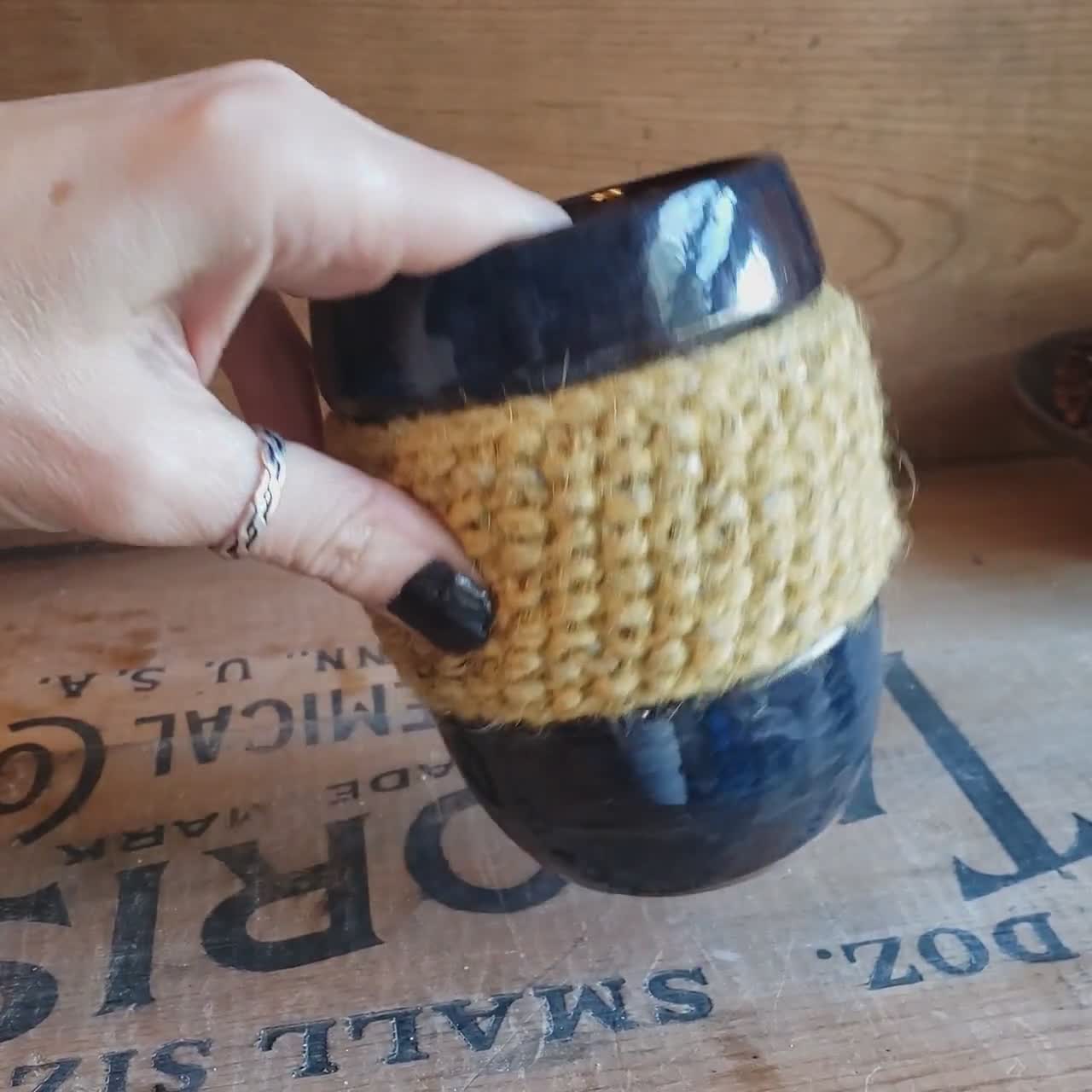Mug in a Sweater  Deep Blue Stoneware Tumbler with Yellow Wool Sleeve