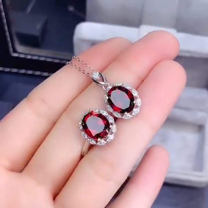 WeddingEngagementAny Occasion 3 CT Natural Garnet Ring&Necklace Set Oval Cut January Birthstone 8x10mm