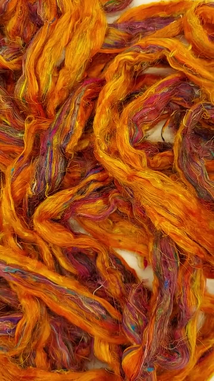 Sari Silk felting Fiery sari silk weaving felting embellishment Orange sari silk spinning UK based Wool Shop