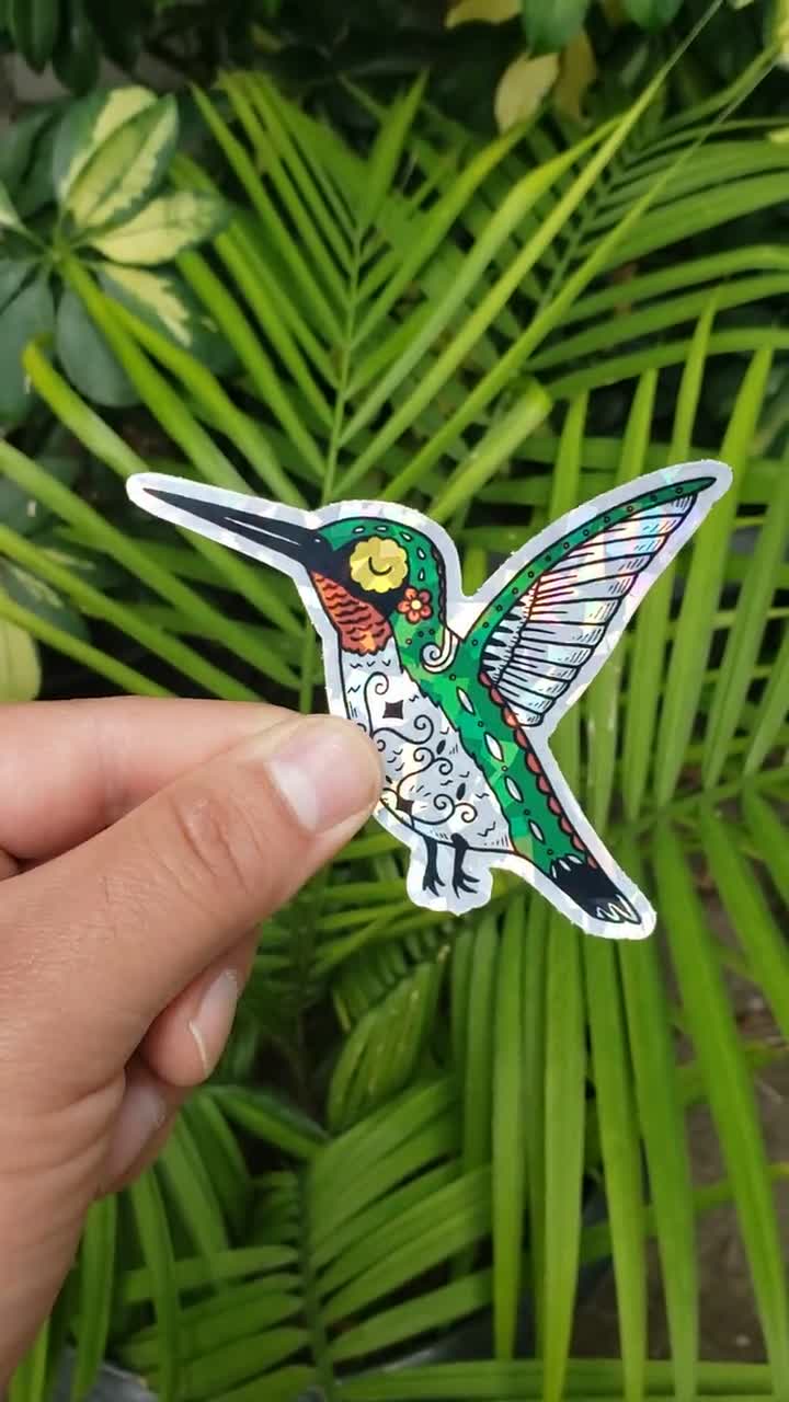 Holographic Die-cut Stickers featuring colorful humming bird artwork print