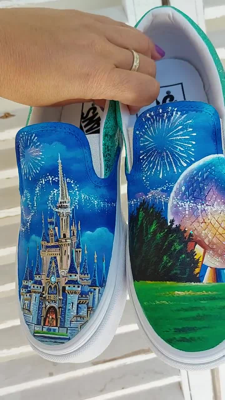 Custom Disney/ Disneyland Slipon model shoes, similar to the Vans