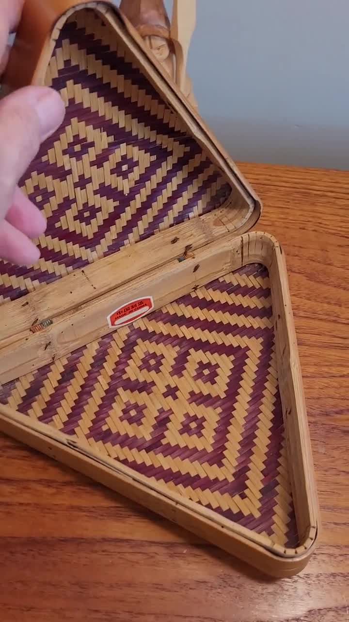 1960s Wicker Box With Hinged Lid Storage Box Triangle Made in China Notions Box Vintage Bamboo & Wicker Triangular Box Weaved