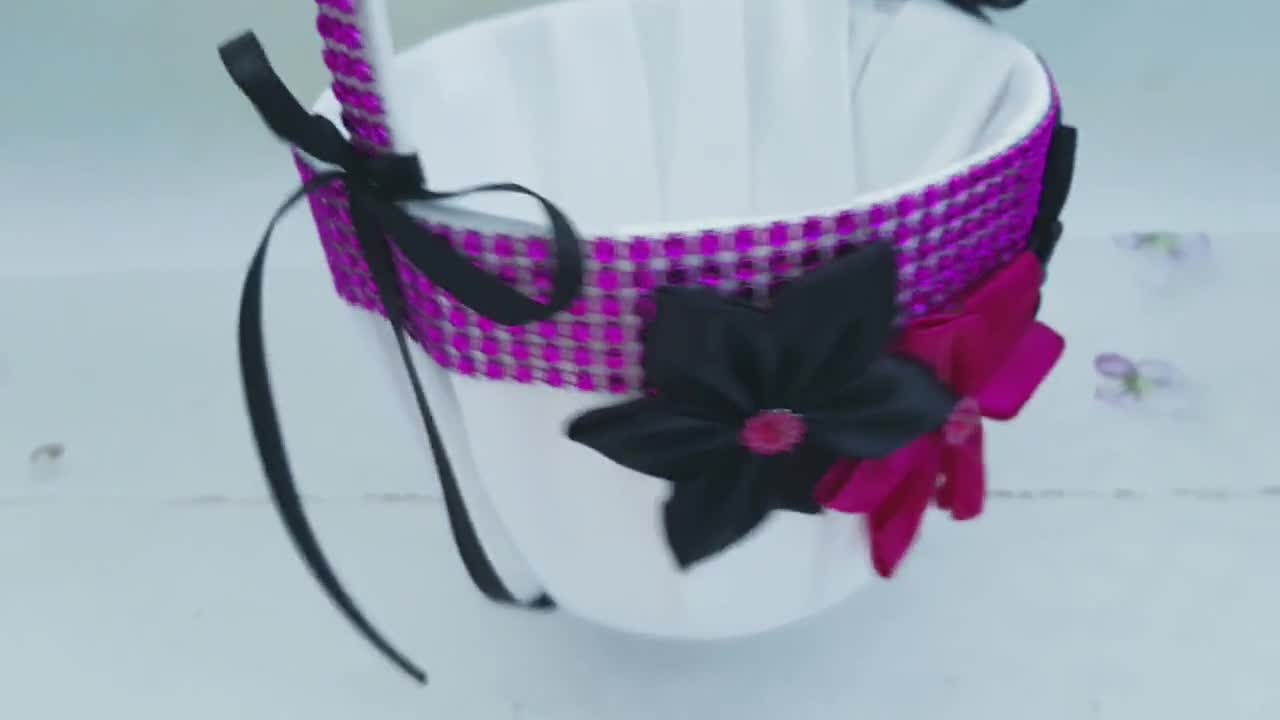 Black Hot Pink Fuchsia Flower Girl Basket Halo Ring Pillow Guest Book Card Box 