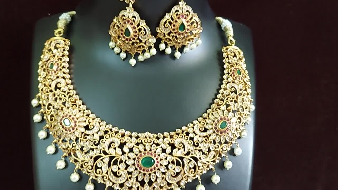 Indian Traditional Wedding Gold Plated Bridal Jewelry Necklace set Ethnic Party 