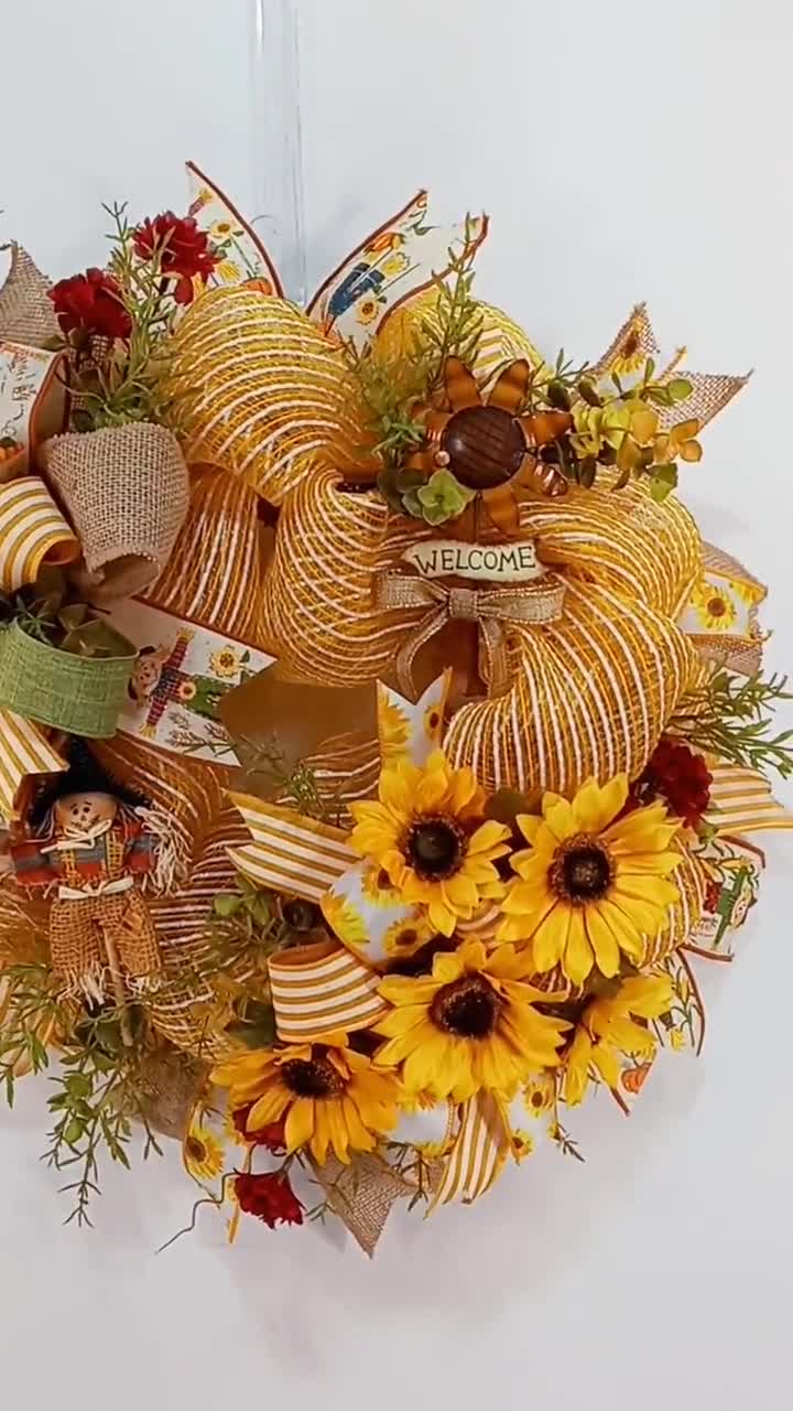 Details about   Adorable Fall Scarecrow Girl Sunflower Deco Mesh Front Door Wreath Decoration 