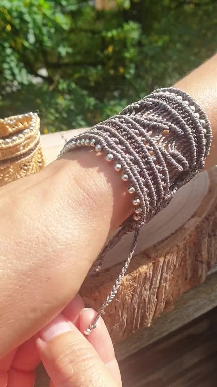 Boho wide bracelet Macrame jewelry for women Gift for her Beige and cold cuff with beads Large macrame bracelet