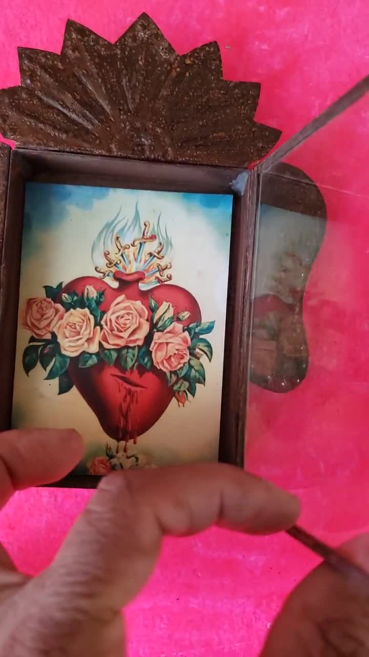 Rustic Nicho Sacred fleaming heart roses tin folk art shrine retablo mexican box 