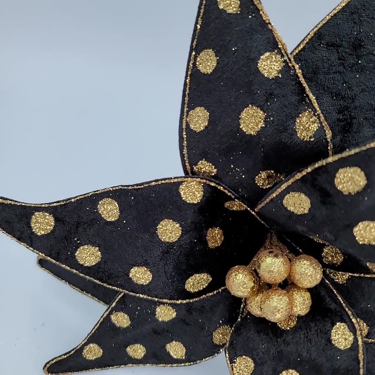 Black Gold Dot Velvet  Poinsettia Floral Stem Tree topper pick, Wreath supply Centerpiece floral Christmas Holiday Pick craft supply