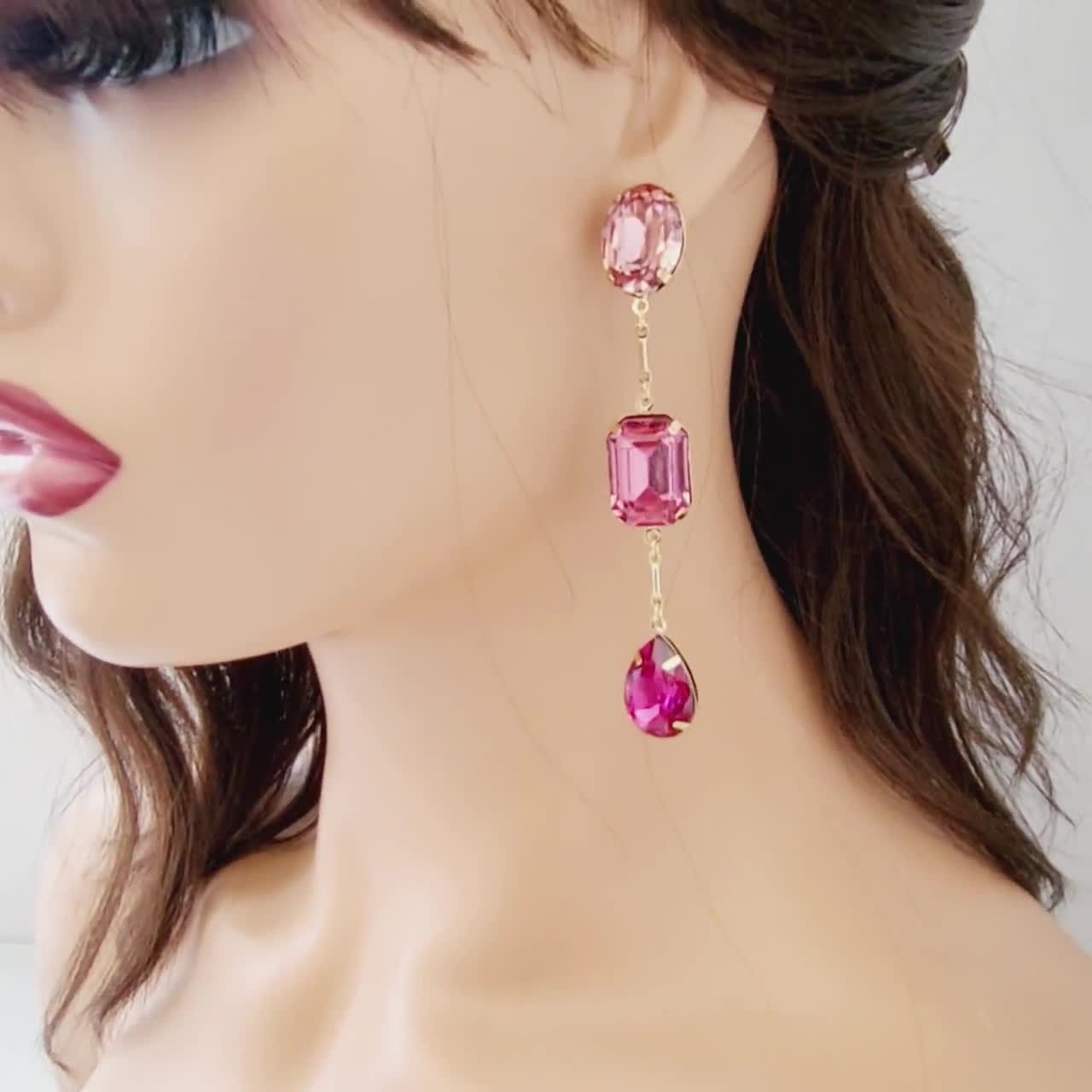 Pink Stone Faux Crystal Clip On Earrings Diamante Non Pierce Teardrop Dangle E69 