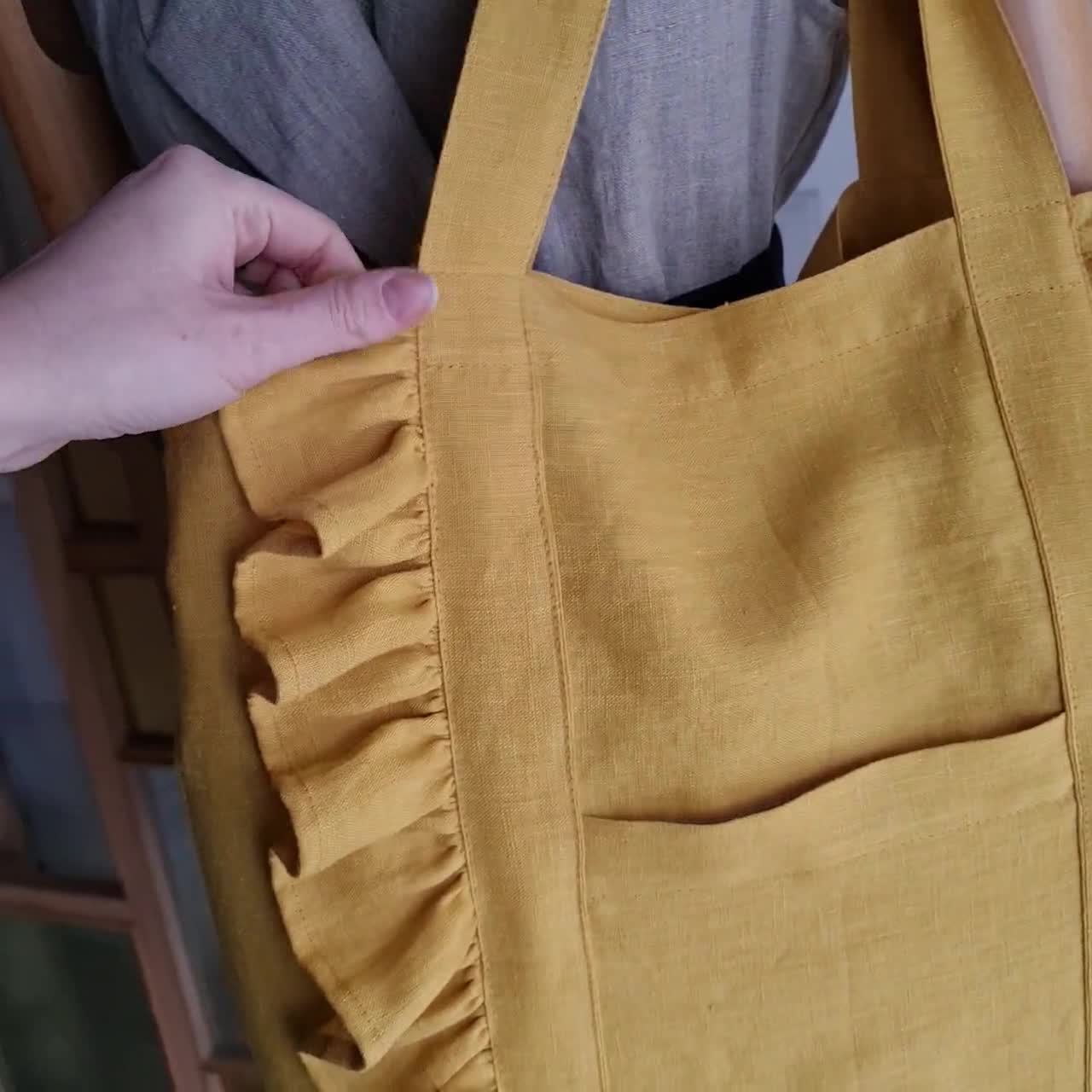 Ruffled tote bag from linen, linen shopping with ruffles - custom color,  with zipper and ruffles, linen lovely tote bag,