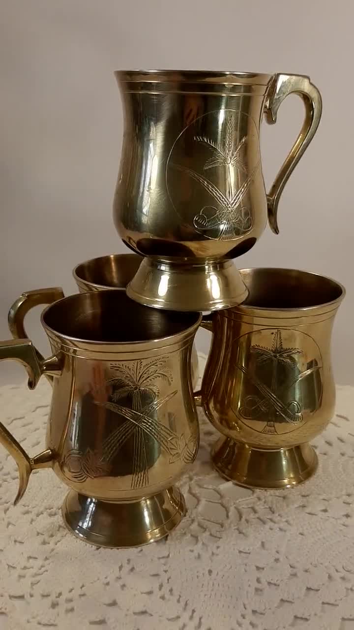 Collectible vintage bar decor Solid Brass set of 4 drinking mugs Collectible hand etched brass Vintage etched brass beer mugs set of four
