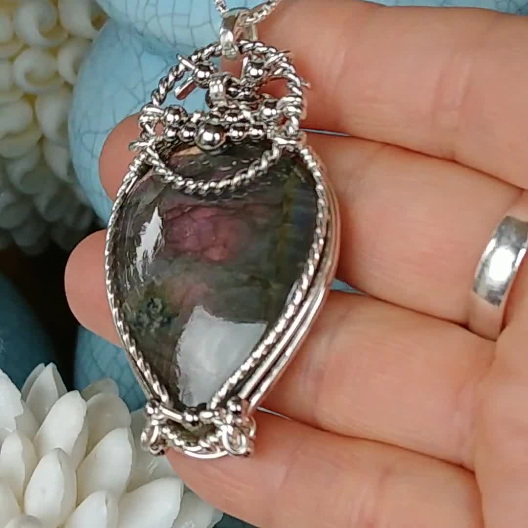 Solid Sterling Silver Wrapped labradorite Sterling Silver Chain ASSIRY * Multicolor Purple Fire Labradorite Pendant Purple Labradorite