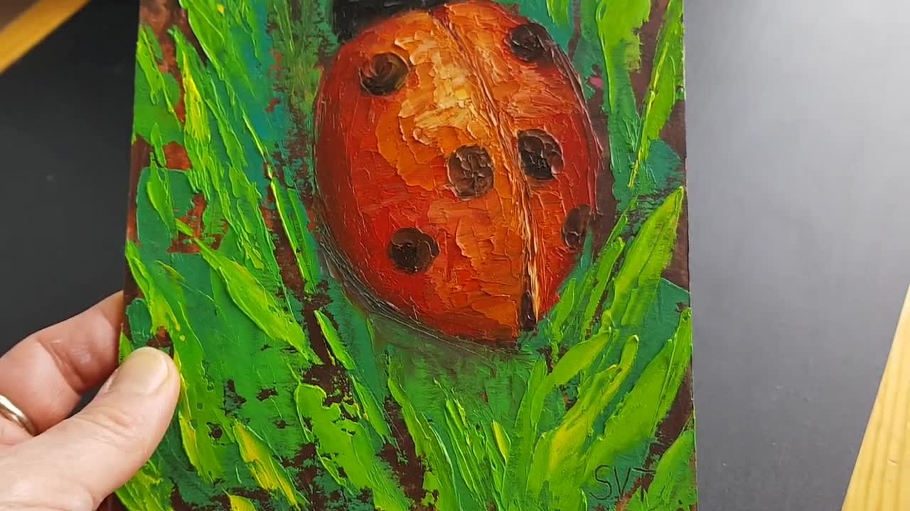 Ladybug in grass painting Ladybugs on flowers artwork Ladybug on grass sheet oil paint Lovely insects art Cute insect in nature artwork 8x6
