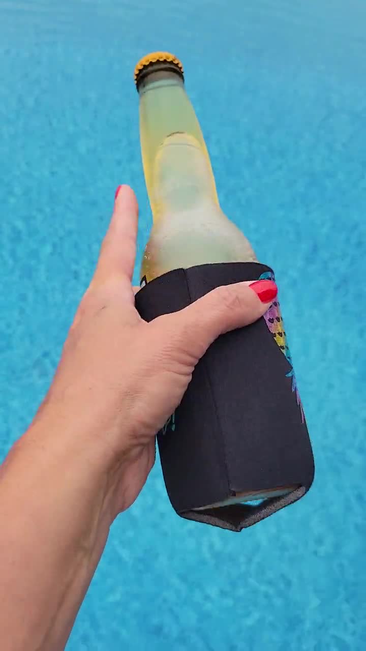 Personalize Can Insulator, Swinger Can Holder with an Upside-Down Pineapple, Bottle or Can Cover, Rainbow Pineapple Beverage Insulator