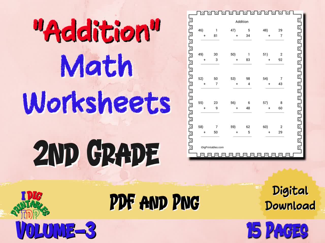Math Practice Sheets for Second Graders (PDF) Including Single-Digit and  Double-Digit Addition Problems and Answers,Printable Math Worksheet