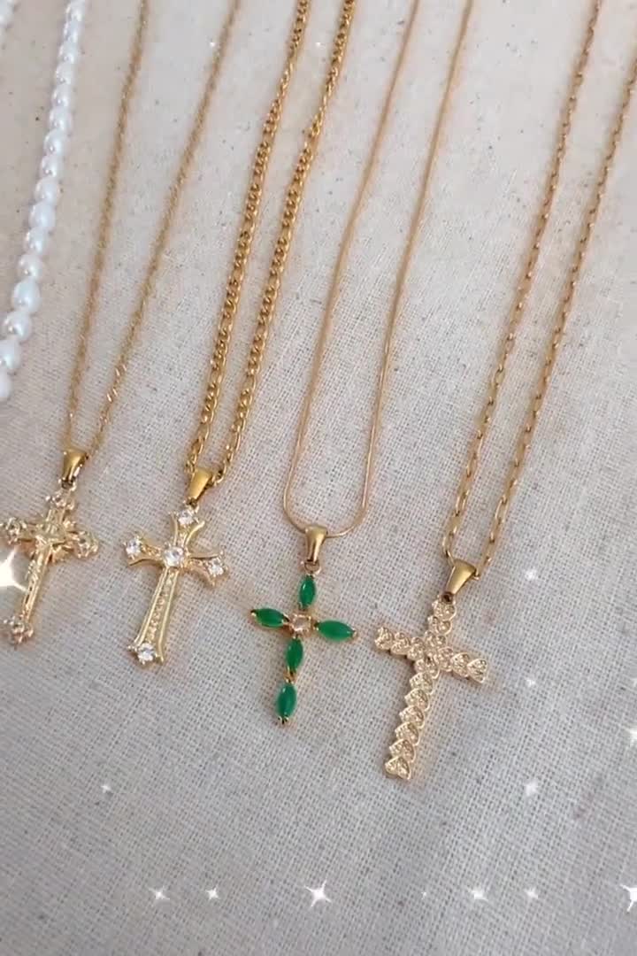 Jade Cross Rosary Cross Pearl Cross Choker 18K Gold FILLED Cross Necklace Gift For Her Religious Necklace Sieraden Kettingen Bedelkettingen Dainty Cross Necklace 