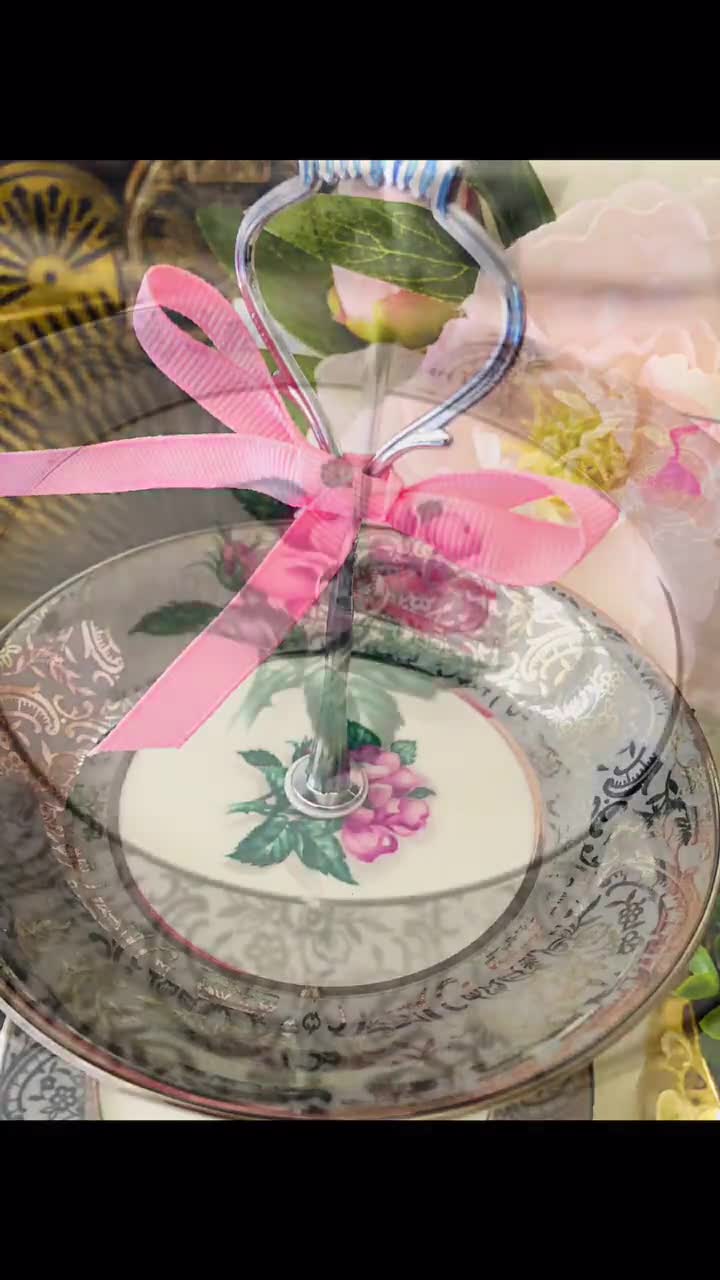 ROSE CAKE STAND Bridal Wedding Mother\u2019s aday Birthday Gift Shabby Chic Home Decor Rose Silver Platinum Trim Plates