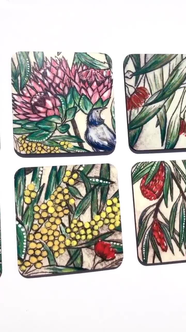 6 Australia Souvenir Drink Coasters Australian Floral Emblems Flowers Gift Box 