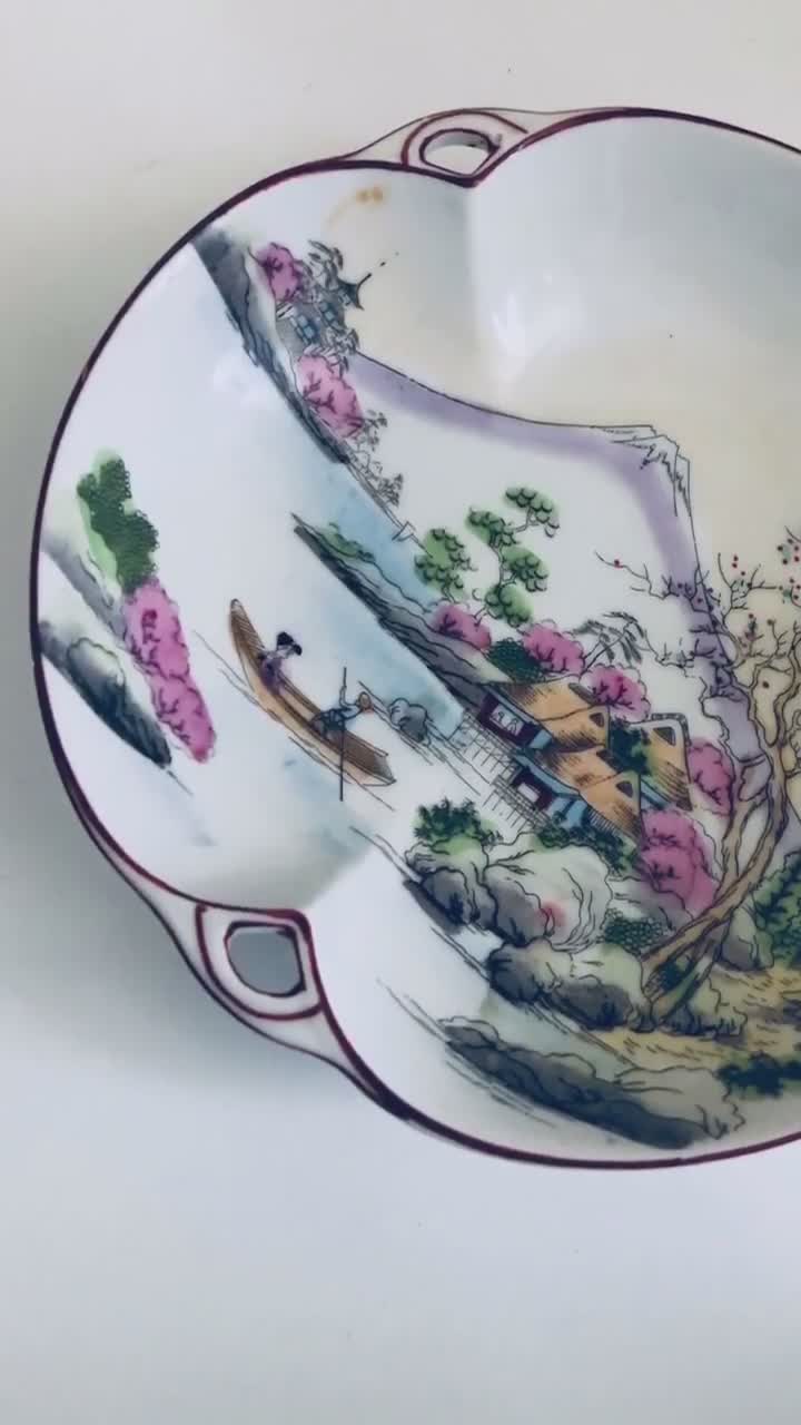 CHINOISERIE DECOR HANDPAINTED Macau Style Vase Ashtray Bowl Rose Famille