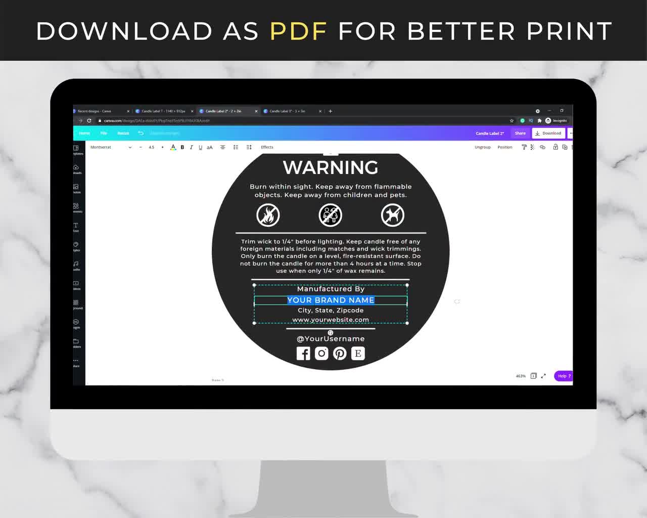 Candle Warning Label Template | Editable Candle Safety Label | Circle  Candle Label Canva Template | Minimalist Warning Label Template