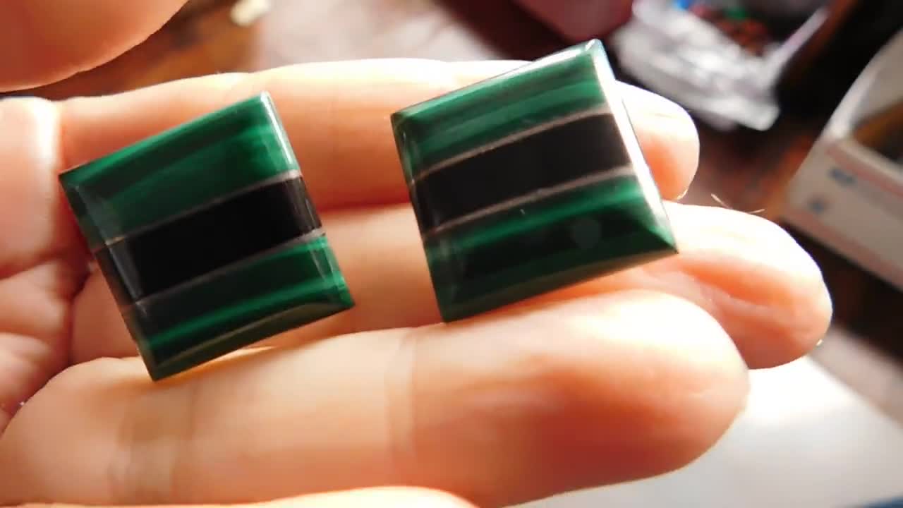 Green and Black Stones Malachite and Black Onyx Large Square Stud Earrings Free Shipping Pierced Earrings Vintage 950 Sterling Silver