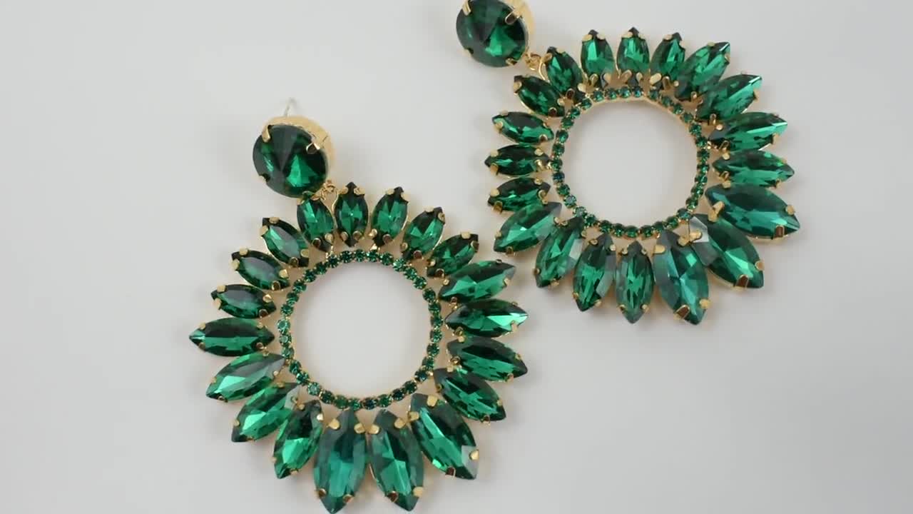 rhinestone earrings Wide Chunky earrings Hoop earrings Oversized huge earrings Emerald green/Gold Base Chunky Extra-large hoop earrings