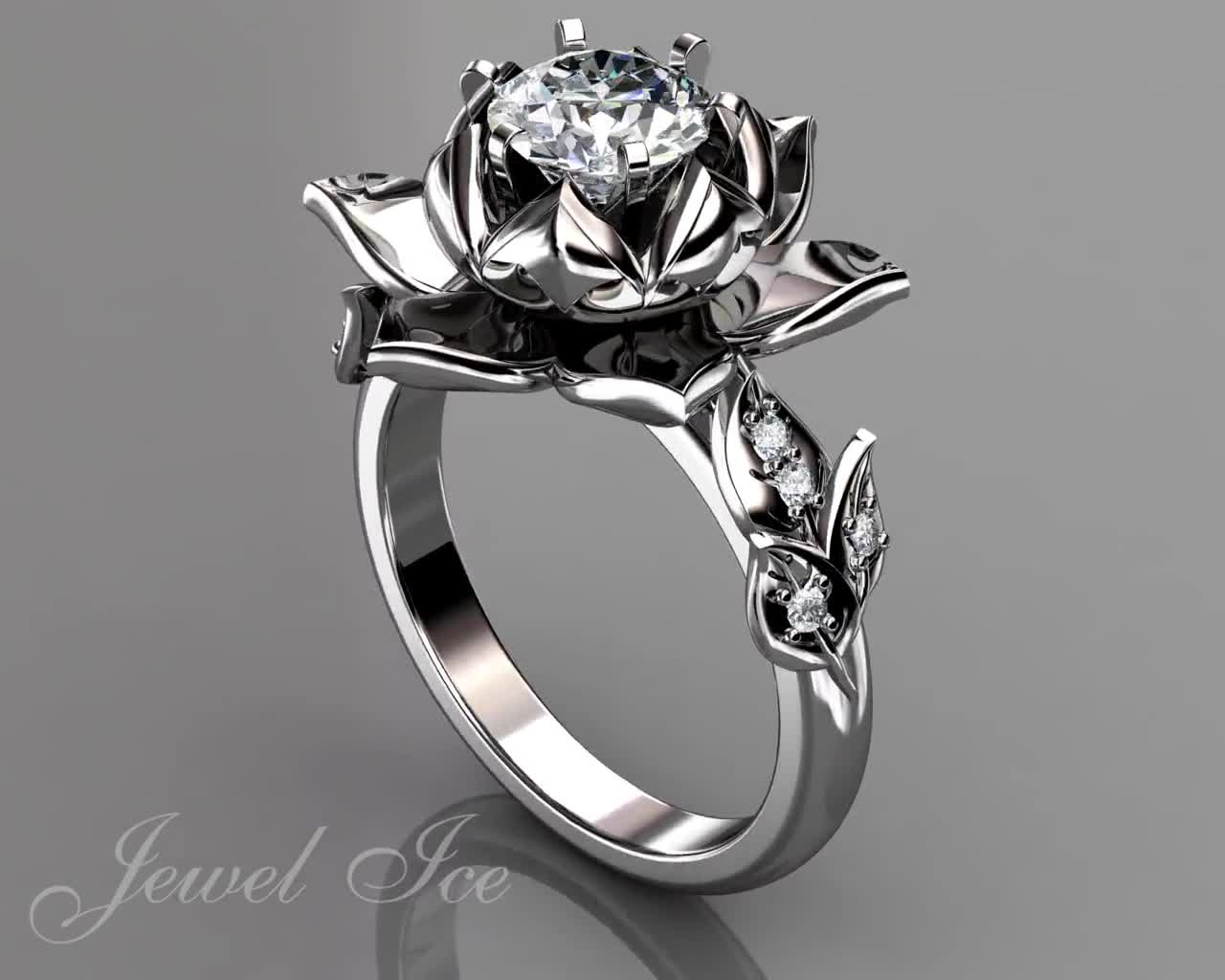 Unique Ring Engagement Wedding Lotus Flower Ring 2.75 Ct Diamond 14K White Gold 