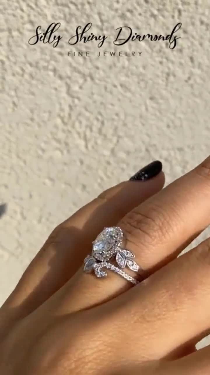 1.5 ct Oval Moissanite Diamond Halo Paired with Ariana Wedding Ring Unique Victorian Moissanite engagement ring 14K white gold