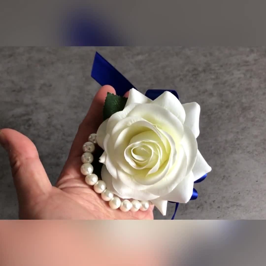 Cornflour Blue Flower Pearls & Ribbon Beautiful Wedding Buttonhole Ivory Rose 