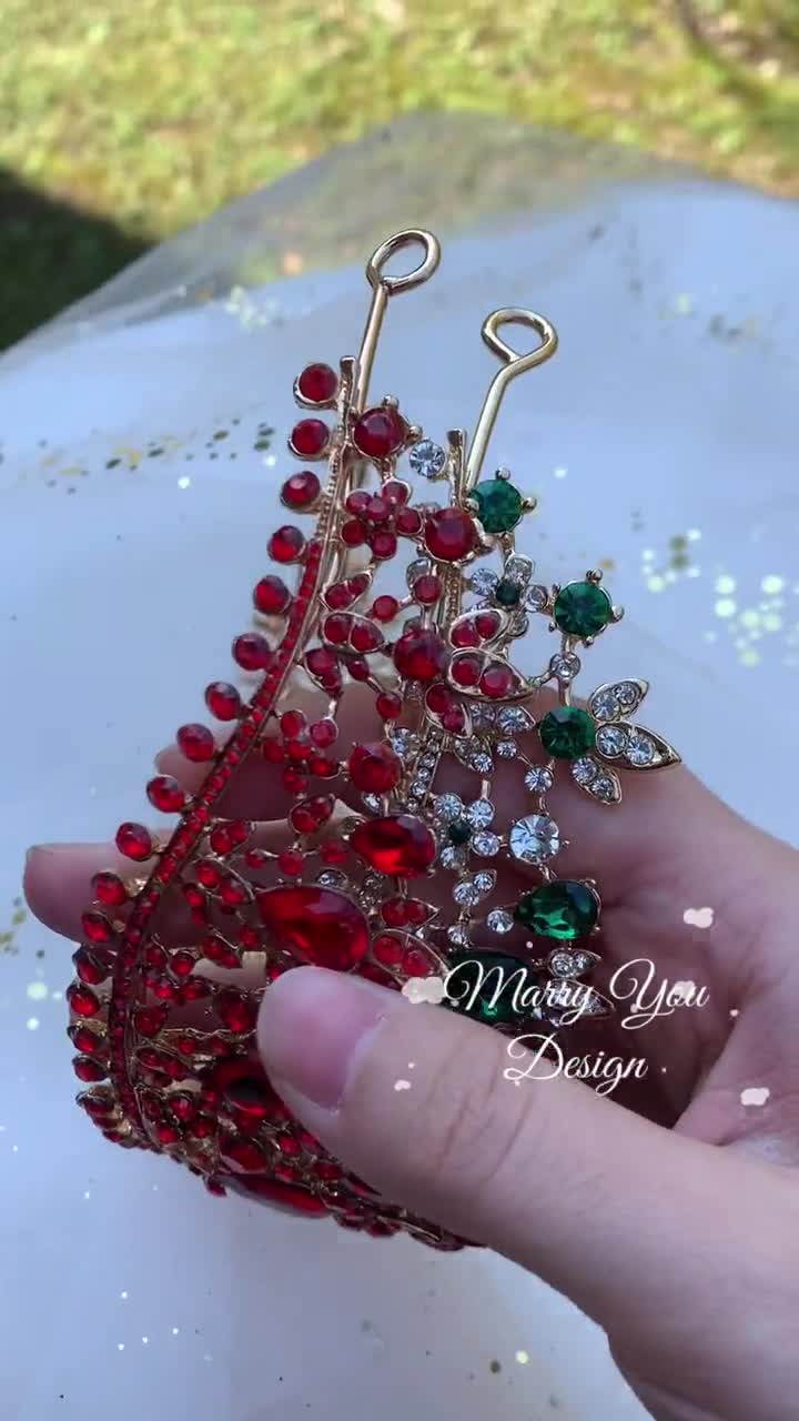 Gold Crystal Crown for Woman,Luxury Prom Quinceanera Crown,Shining Wedding Crown,Vintage Red Tiaras for Women,Costume Party Hair Accessories