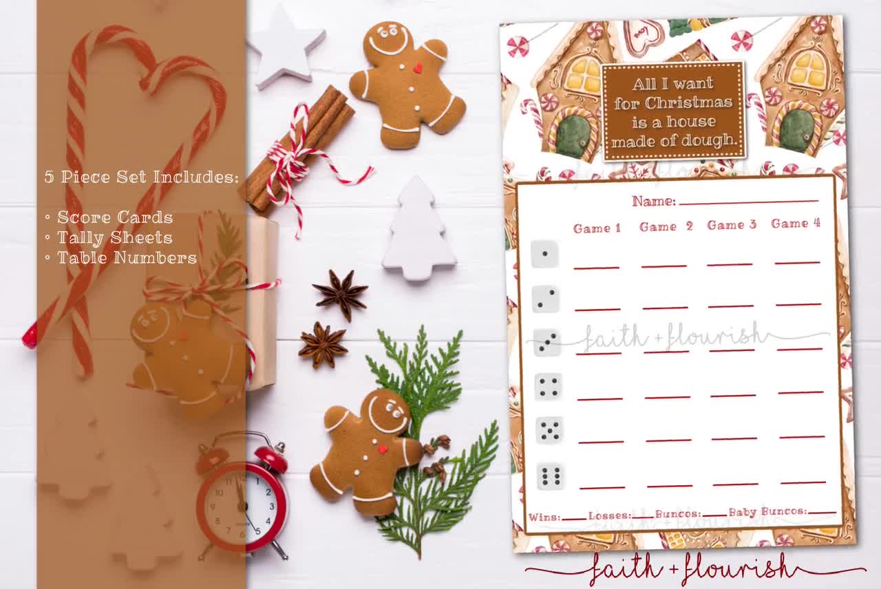 Family December Holiday and Winter Christmas Bunco Score Card Printable Gingerbread Bunco Bundle Set Friend Christmas Party Game