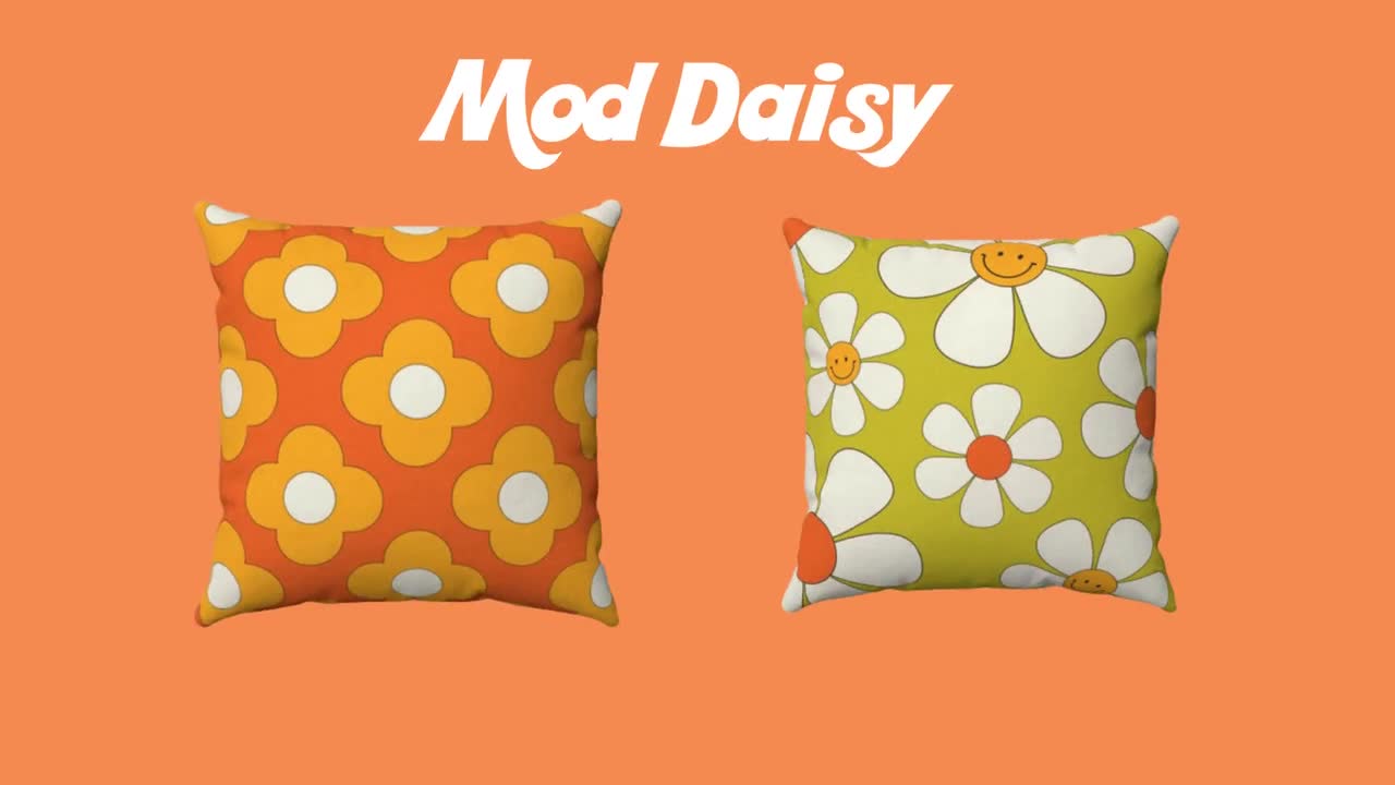 60s 70s Hippie Mod Cat, Flower Power, Groovy, Orange Mod Daisy, THIN Velveteen Peluche Blanket