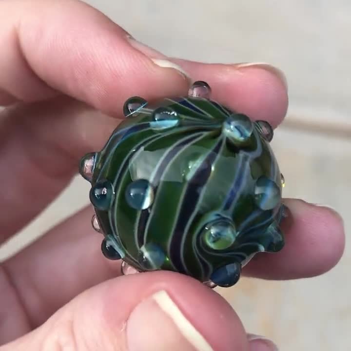 Handmade Borosilicate Art Glass Clear with Pastel and Sparkly Dark Green Lumpy Bumpy Hobnail Marble
