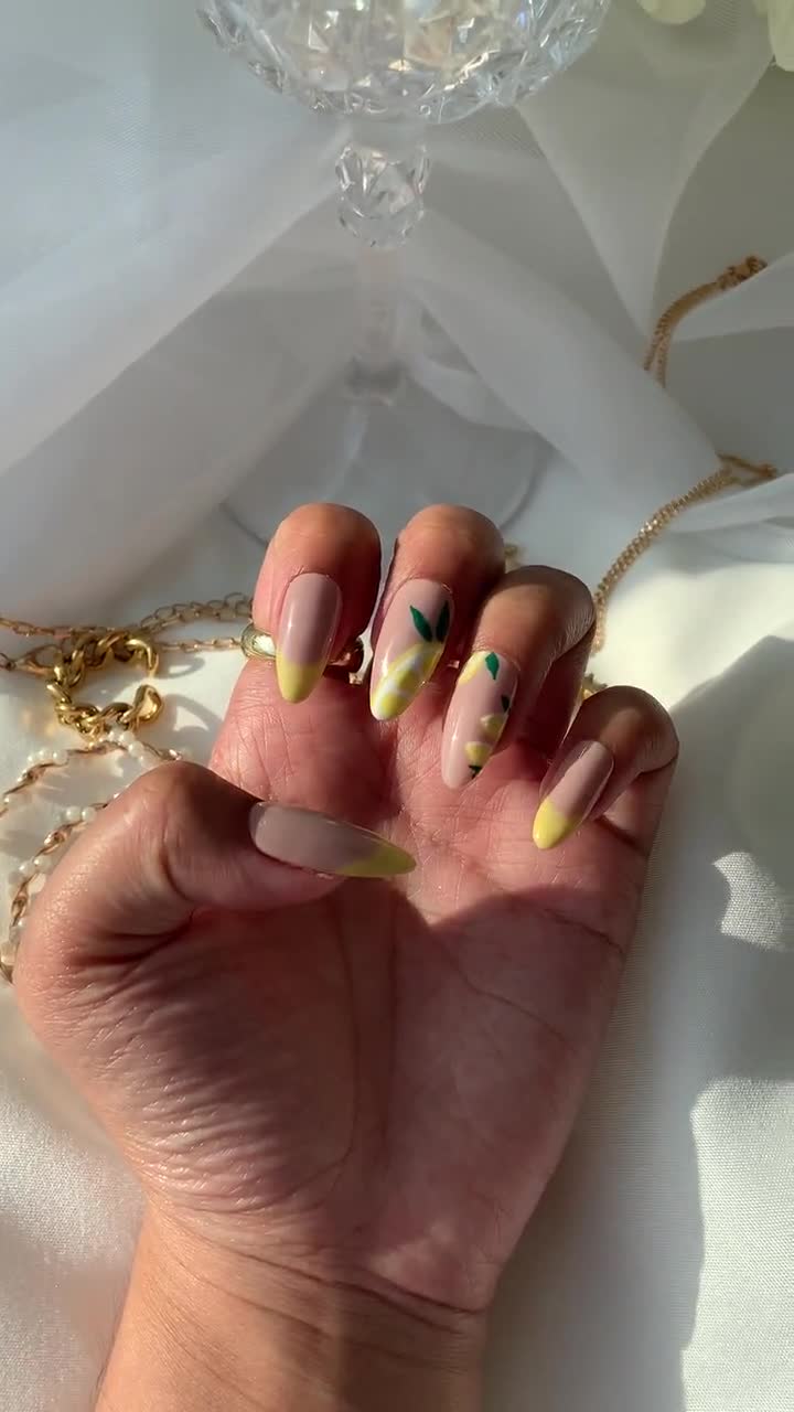 LEMON DROP Press On Nails ~ Minimal Yellow French Tip Almond Shape Nails glue on nails stick on nails false or fake nails
