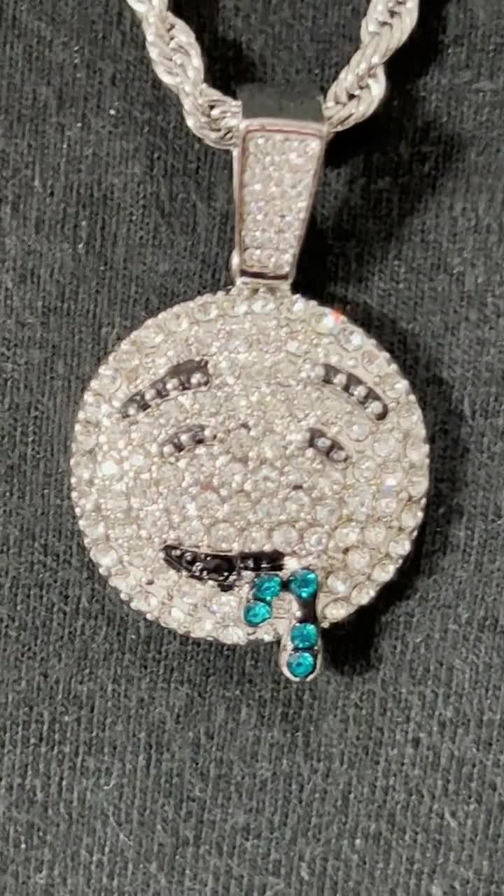 Silver Plated Emoji Drool Face Iced Pendant & 4mm 24 Rope Chain Hip Hop Rap Fashion
