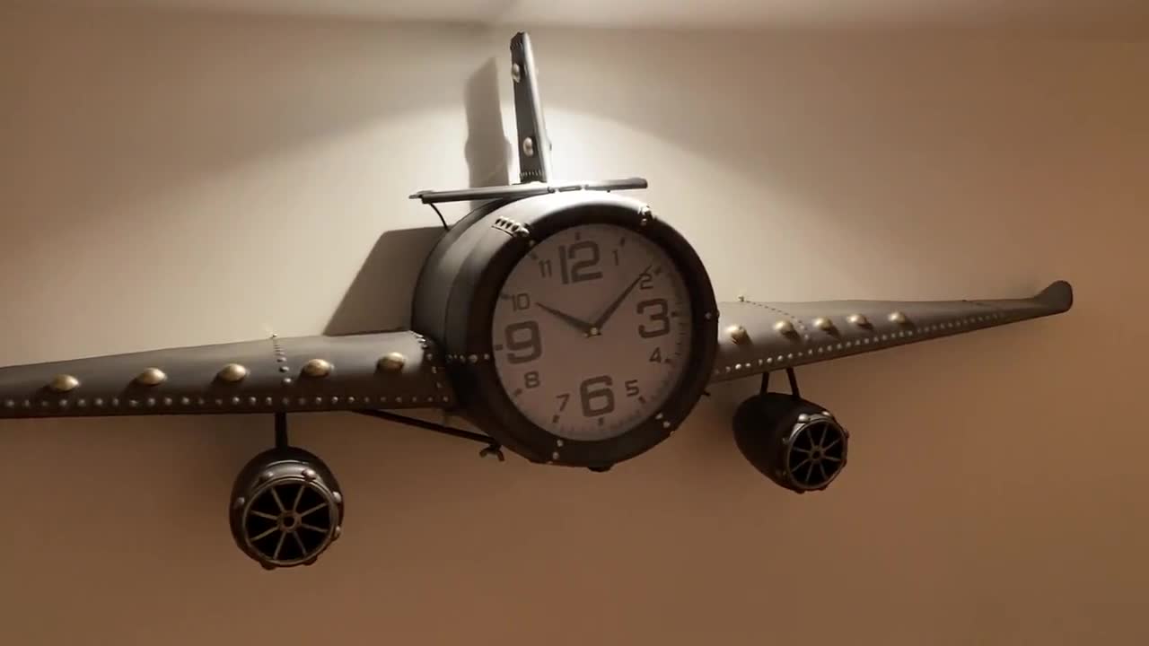 Vintage Large Silver Retro Aeroplane Wall Clock 