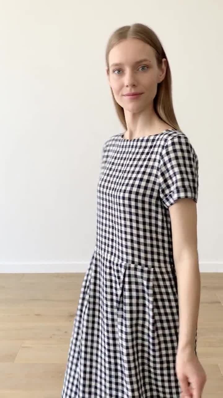 Gingham linen White with black Summer Linen Dress Washed and soft linen dress Loose Dress with Short Sleeves and Pockets in Checked Linen