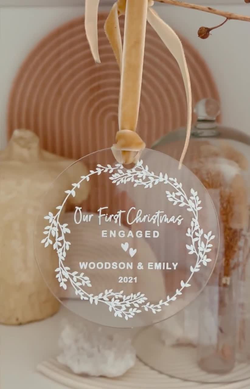 Miss to Mrs. Our First Christmas Engaged with Name and Date Porcelain Ceramic Christmas Ornament Wedding Engagement Couples Gift Cute