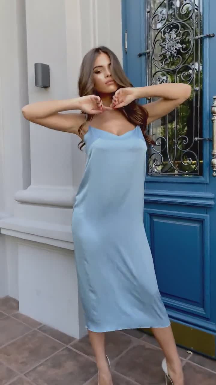 Light Blue Silk Slip Dress V-neck Silk 