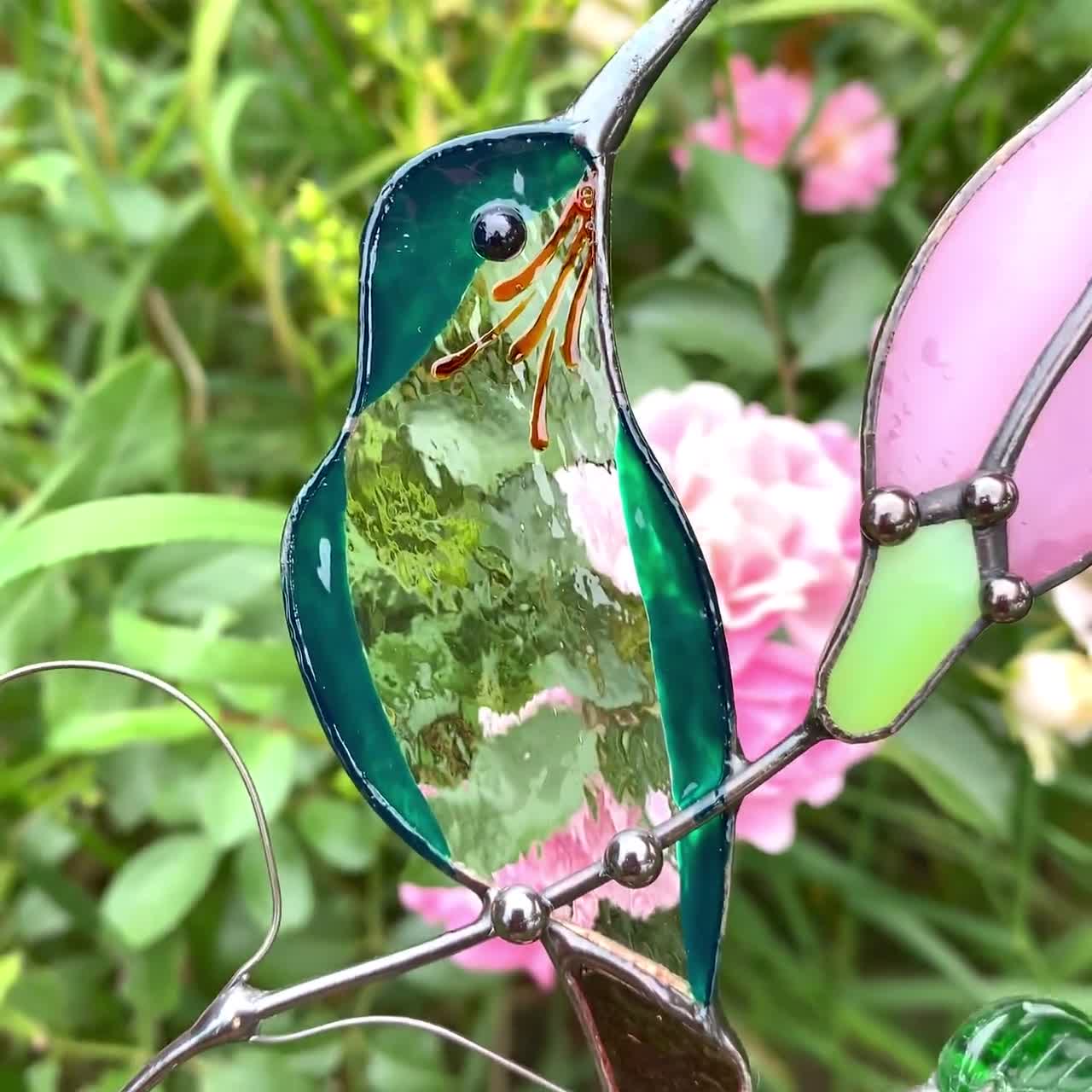 青いハチドリ ヴィンテージ ステンドグラス 鳥 花畑 グラスマスターズ