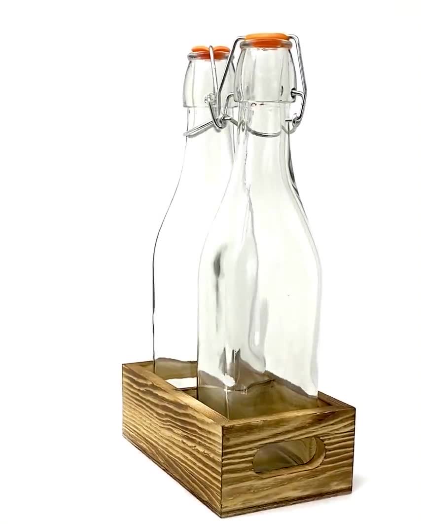 Flip Top Clear Glass Bottle Set of 2 - 17oz Dispenser with Wood Tray,  Pourer and Funnel - Reusable Swing Top Airtight Stopper and Leak Proof