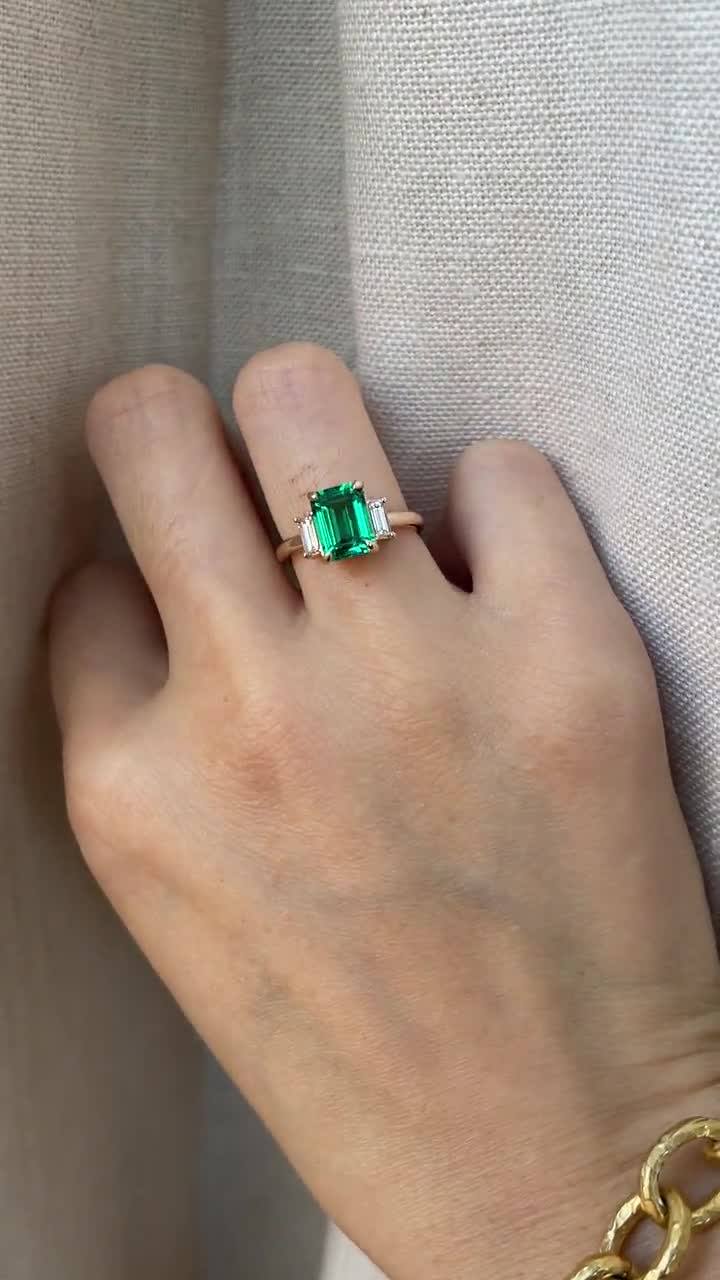 Damen Smaragd Baguette 0,08ct & Diamant Brillanten 0,04ct VS Ring Kombination