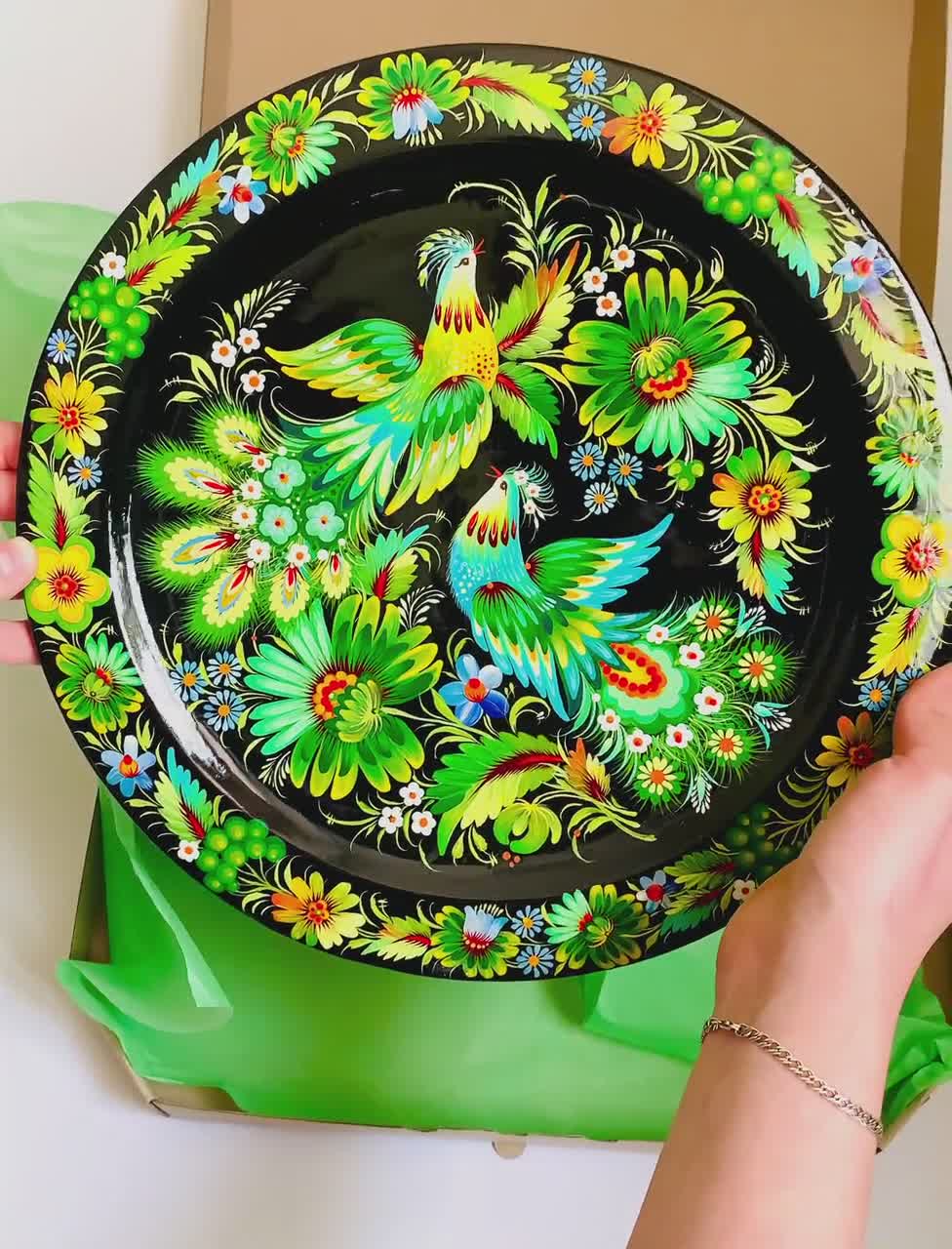 Samchykivka Ukrainian Plates Pink and Blue Hand Painted Wall Plates Folk Wedding Plates Bird Plates
